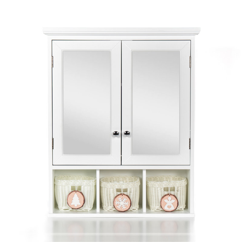 Armoire de rangement pour salle de bain, armoires à pharmacie pour salle de bain avec miroir, 2 portes, 2 tablettes réglables + 3 paniers de rangement de style Noël, armoire murale en bois blanc pour la salle de bain