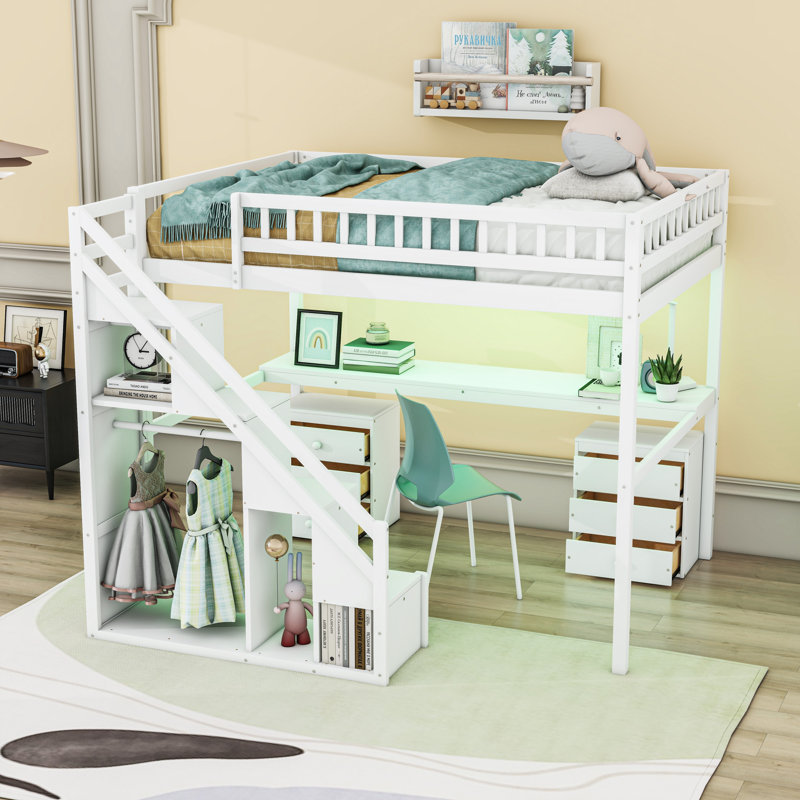 Lit mezzanine avec bureau, tiroirs de rangement, bande lumineuse à DEL et escalier latéral, Double, Blanc