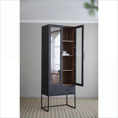 Armoires | Armoire de rangement haute avec portes en verre, noir élégant, l 31,5 po x P 18 po x H 86,5 po, verre en fer et bois d'acacia mélangé | Moderne | Salon