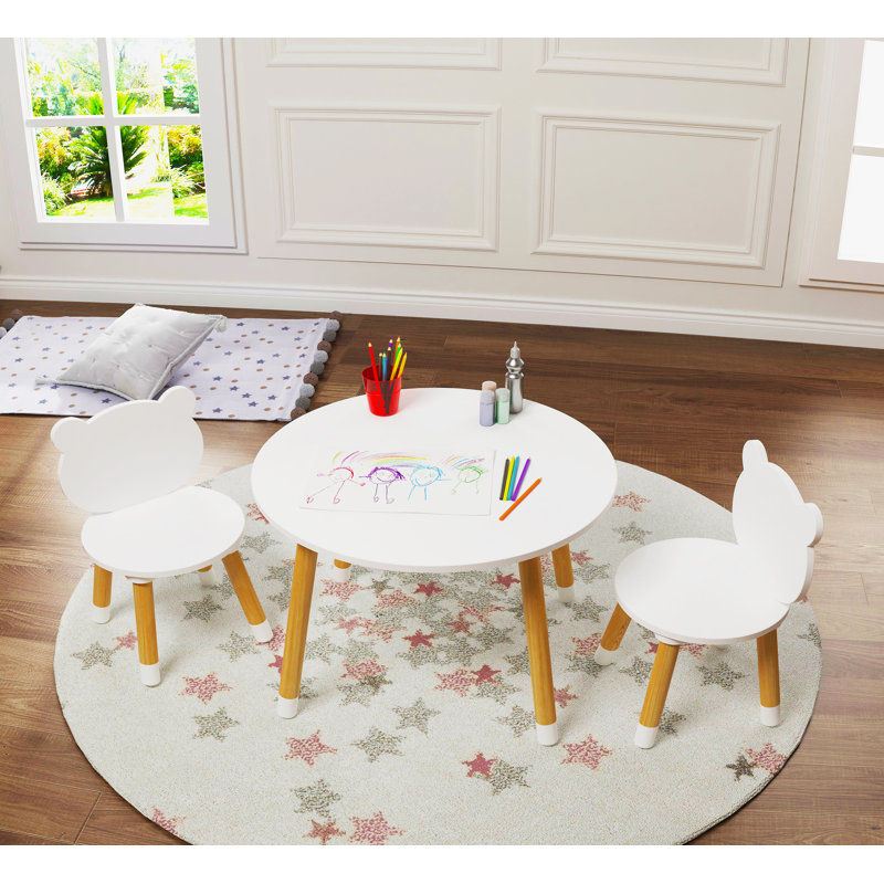 White Wooden Kids Round Table with Bear Chairs, 3-Piece Set