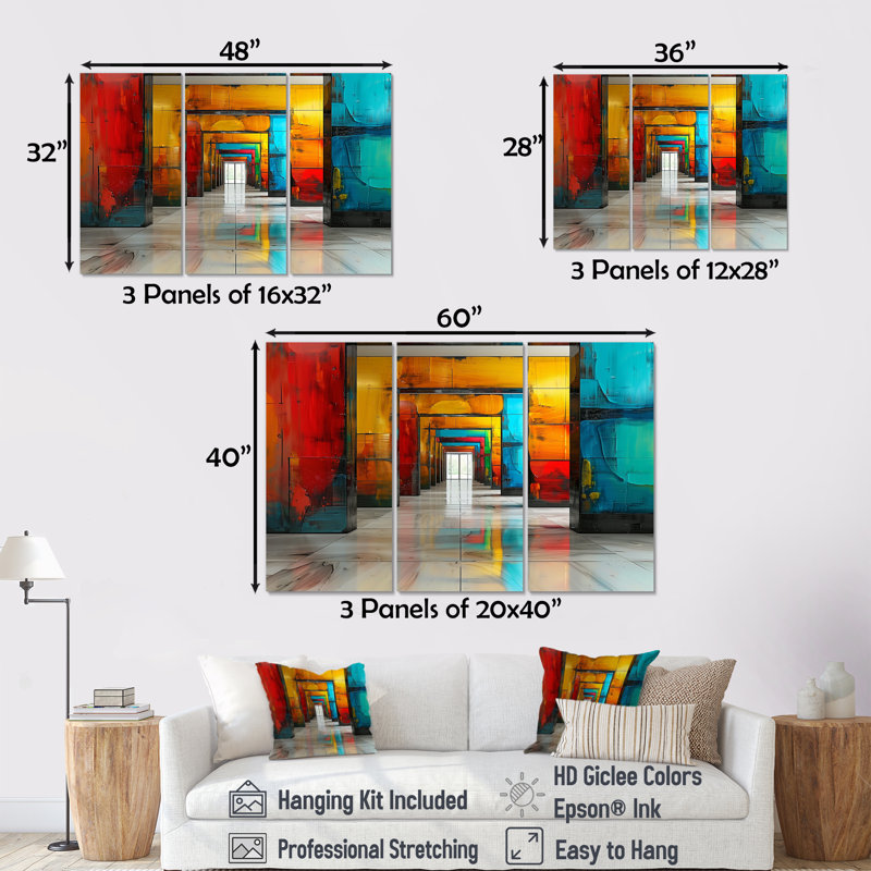 «Red Blue Colorful Glass Tunnels II - Tunnels», ensemble d'art mural, Toile tendue, H 28 po x l 12 po x P 1 po