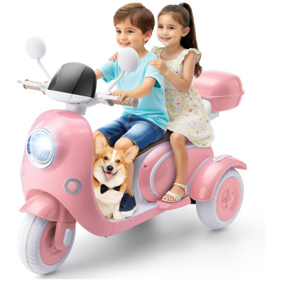 Alex 12V Kids Electric Motorcycle, 2 Seater 3 Wheels Moped, USB, Music, Horn, Light, Big Storage Box, Dual Motor Electric Ideal Motorcycle For Aged 3+