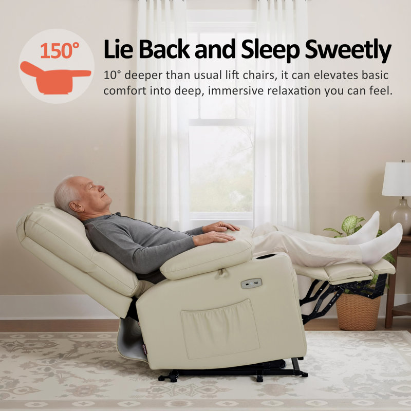 Aneria Power Recliner Lift Chair with Massage and Heat, Extended Footrest, Faux Leather, Cream
