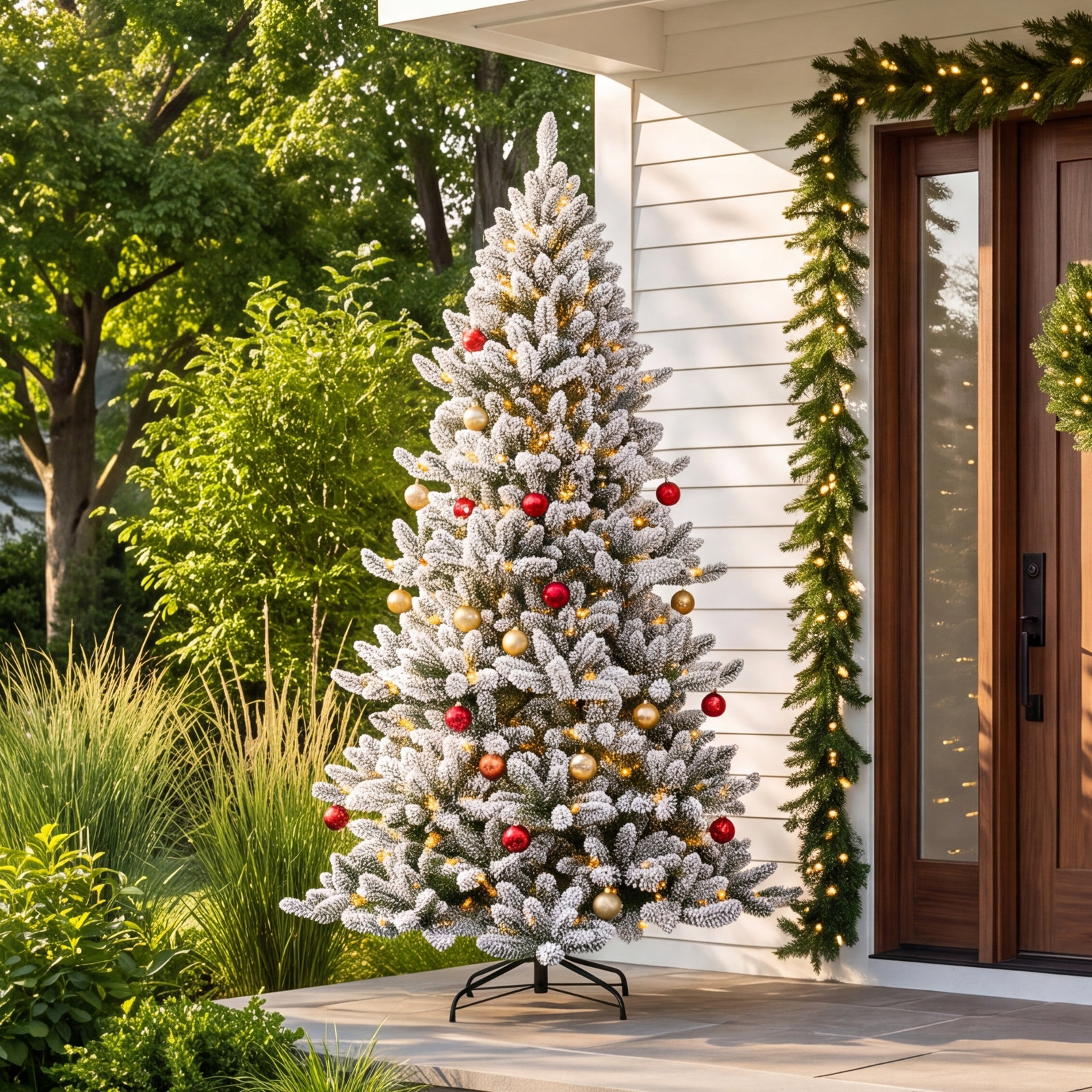 Pre-Lit Flocked Christmas Tree, 9' H