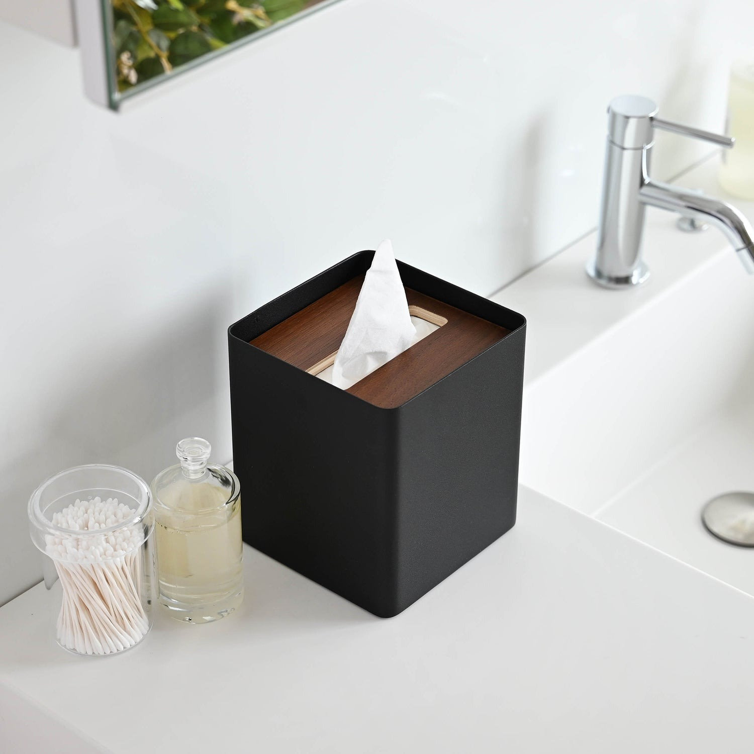 Yamazaki Home Square Reusable Tissue Box Cover Metal Container Case With Natural Wooden Lid,, Steel, Black