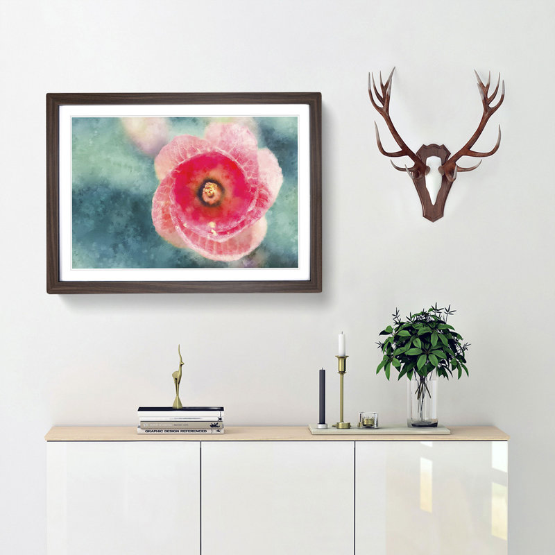 A Pink Hibiscus Flower - Picture Frame Painting, 45cm H x 63cm W x 2cm D, Walnut