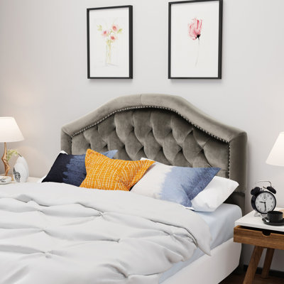 Contemporary Beige Headboard For Queen Bed - Button Diamond Stitch Detailing Nailhead Accents Assembly Required With Flair Stitching And Pattern Accented Upholstered