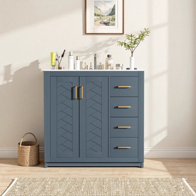 36 Inch Modern Blue Bathroom Vanity with Ceramic Sink Combo Solid Wood Frame Cabinet with 3 Drawers and Soft Closing Doors Freestanding Storage Solution