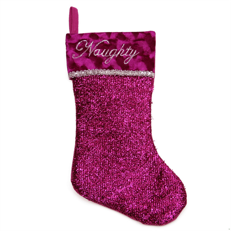 Chaussette de Noël 17 po «Naughty» brodée rose métallique avec manchette Velveteen Shadow