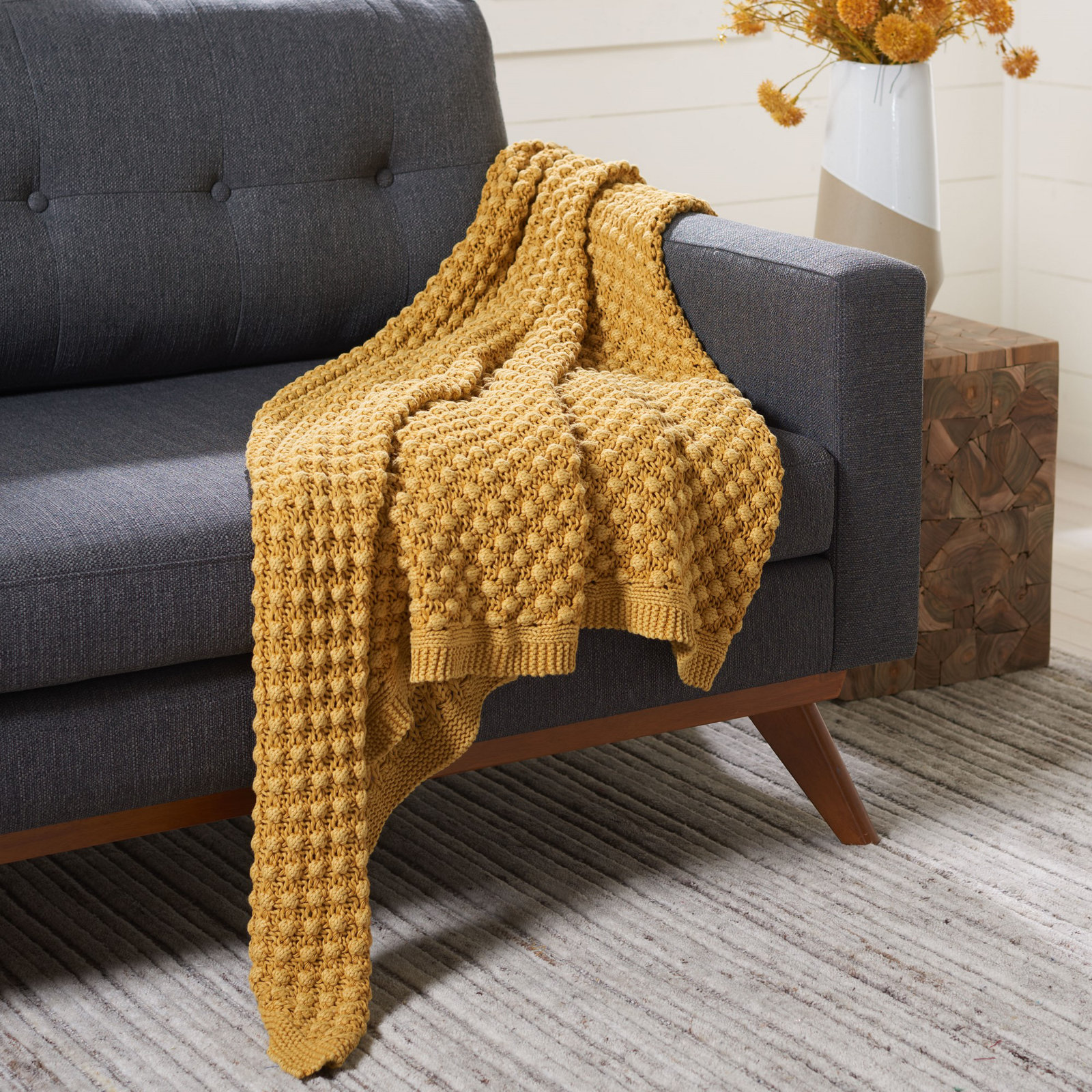 Shasta Cotton Knitted Throw Blanket, Mustard Yellow