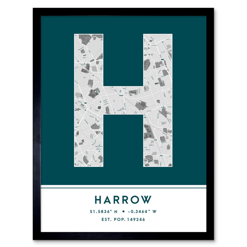 Harrow City Map Harrow Teal - Single Picture Frame Typography