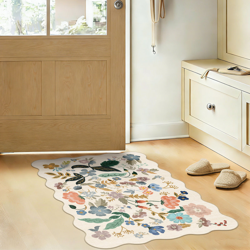 Tapis festonné lavable 2 x 3 pour entrée: tapis de porte à motif floral antidérapant antidérapant pour salle de bain / tapis pour salle de bain / tapis pour chambre d'enfant / tapis pour chambre à coucher (2x3, crème)