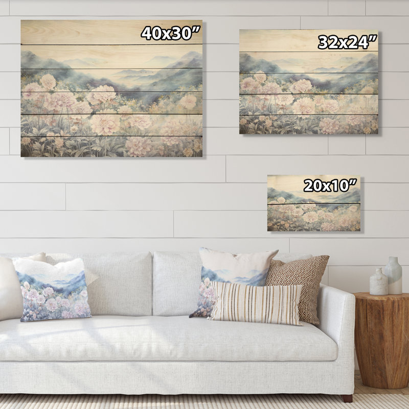 «Mums Flowers In Mountain Scenery I» - Fleurs, art mural sur bois de pin naturel, H 10 po x l 20 po