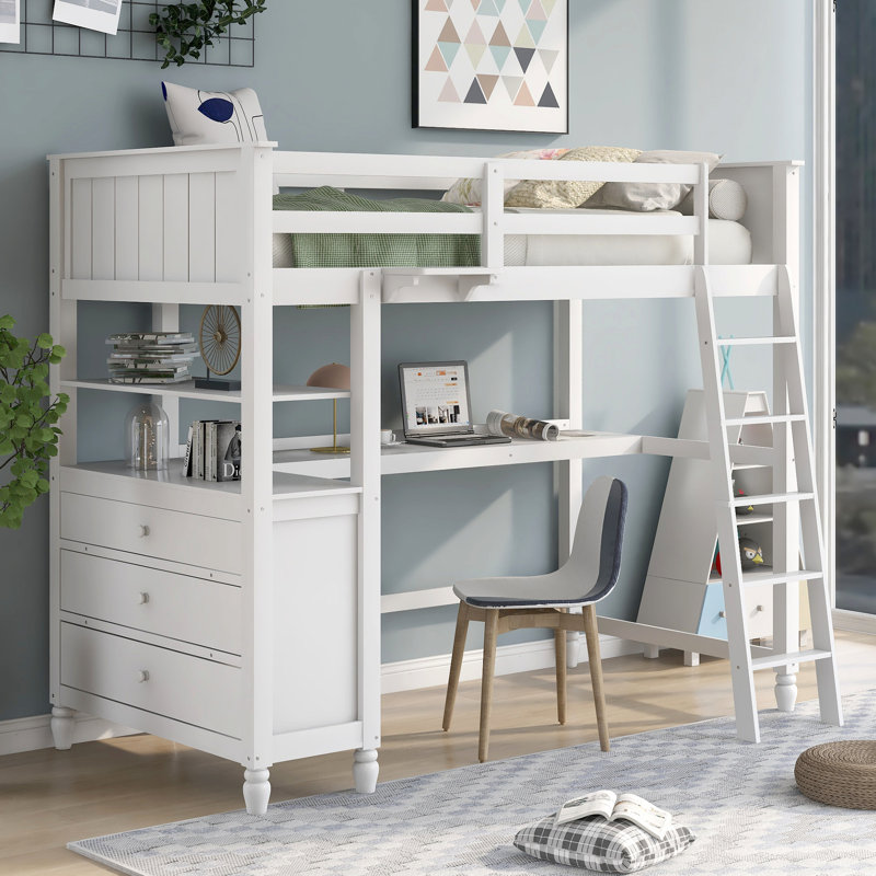 Lit mezzanine simple blanc avec options de rangement - Personnalisez la taille de votre tablette supplémentaire