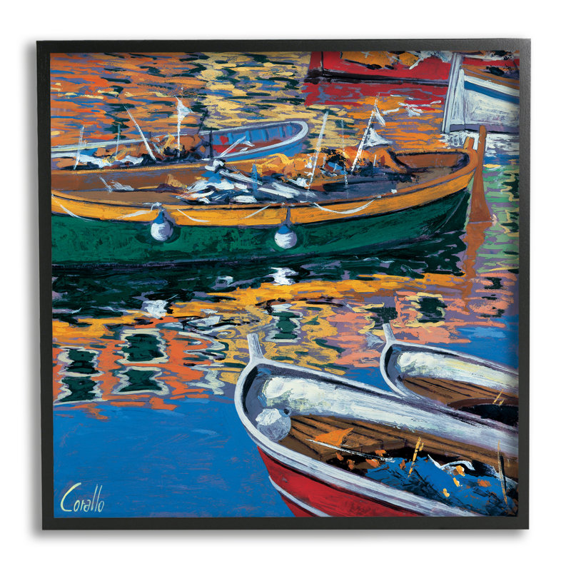 Bateaux dans la réflexion de l'eau, peinture sur bois encadrée, Giclée encadrée noir minuit, H 12 po x l 12 po x P 1,5 po