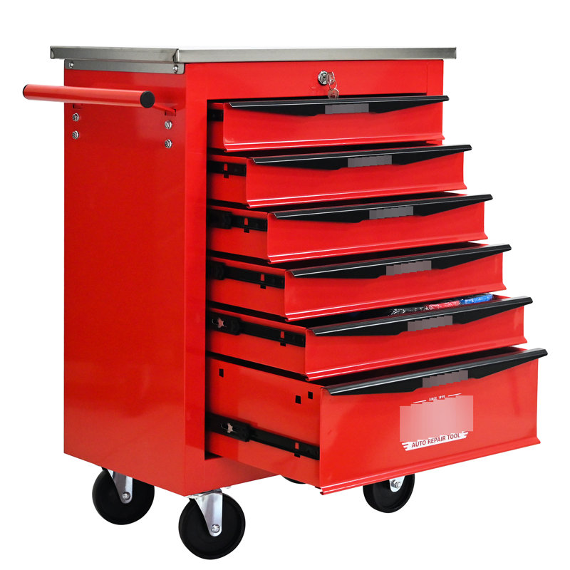 6 tiroirs, chariot à outils multifonctionnel en métal, toit en acier inoxydable, roues universelles verrouillables, pivotant, capacité de chargement de 15 kg - glissières à roulement verrouillables, amovibles, verrouillables, tiroir