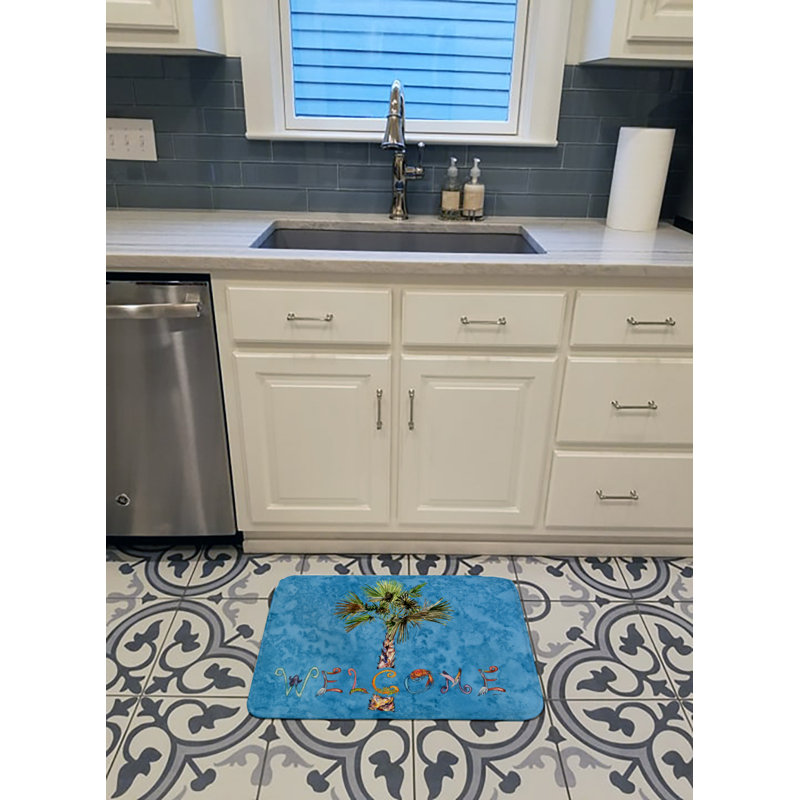 Welcome Palm Tree on Rectangle Microfiber Non-Slip Floral Bath Rug, Blue