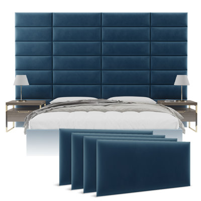 Sapan Upholstered Wall Panels - King/Cal King Size Wall Mounted Headboards - Velvet Peacock Blue - Twin/King - Set of 4 Modular Panels