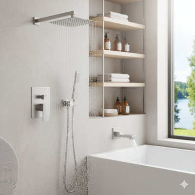 10-Inch Wall Mounted Rain Shower System with Handheld Shower Head, Tub Spout, and Pressure Balance Valve