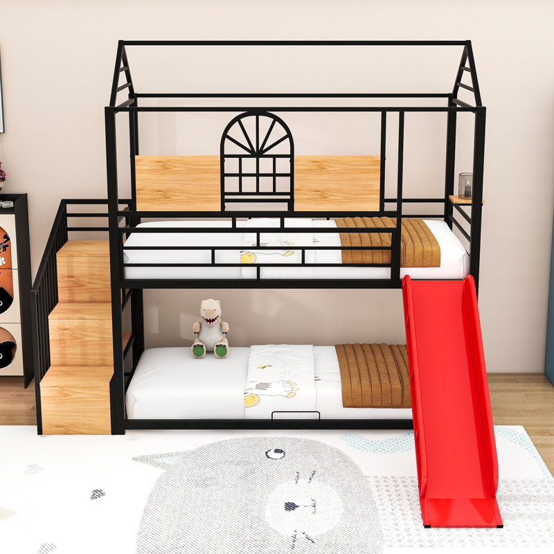 Twin Over Twin Metal Bunk Bed With Slide & Guardrails, Storage Staircase, House-Shaped Design, Black/Red
