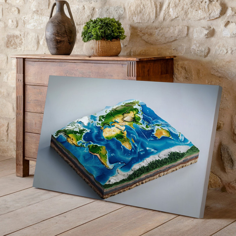 Toile, carte topographique tridimensionnelle très détaillée du monde, avec des couleurs vives qui représentent diverses
