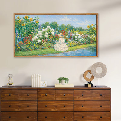 Girl Reading in Summer Garden Framed Canvas Wall Art, Nature Scenic Panorama Artwork for Living Room, Bedroom and Office