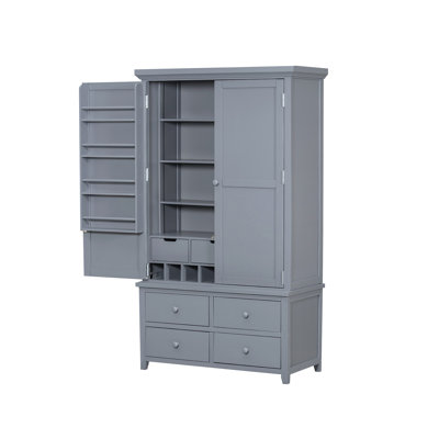 Freestanding Large Kitchen Pantry Wooden Kitchen Storage Cabinet Cupboard with 8 Door Shelves,3 Adjustable Shelves,7 Drawers& 8 Wine Racks