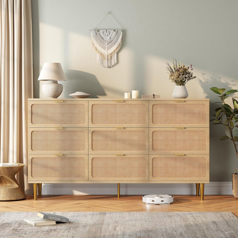 Commode 9 tiroirs en rotin pour chambre à coucher, commode haute avec tiroirs profonds, Ivoire ivoire