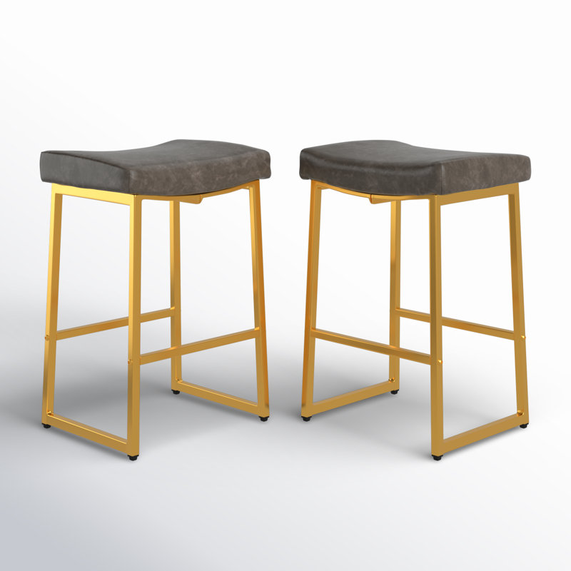 Antisha 24" Counter Stool with Faux Leather Seat & Built-In Footrests, Gray/Gold