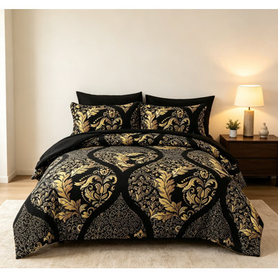 Black Gold Comforter Set Queen 7 Piece Boho Damask