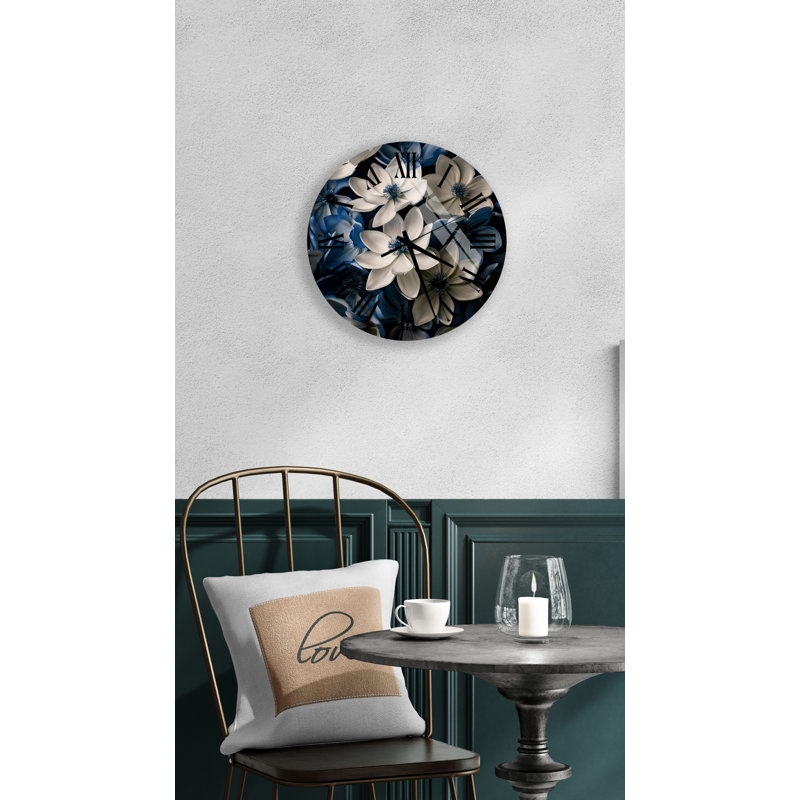 Horloge murale élégante en verre trempé à motif floral blanc et bleu, Noir