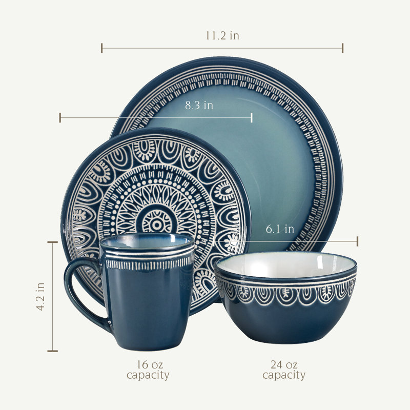 Medallion 16 Piece Stoneware Dinnerware Set - Service for 4, Teal