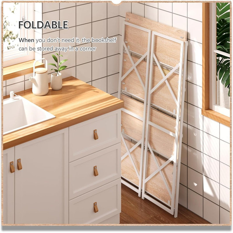 Bibliothèque ouverte pliante à 4 niveaux, bibliothèque industrielle blanc naturel, tablette de rangement au sol sans assemblage pour la chambre à coucher, le salon ou le bureau