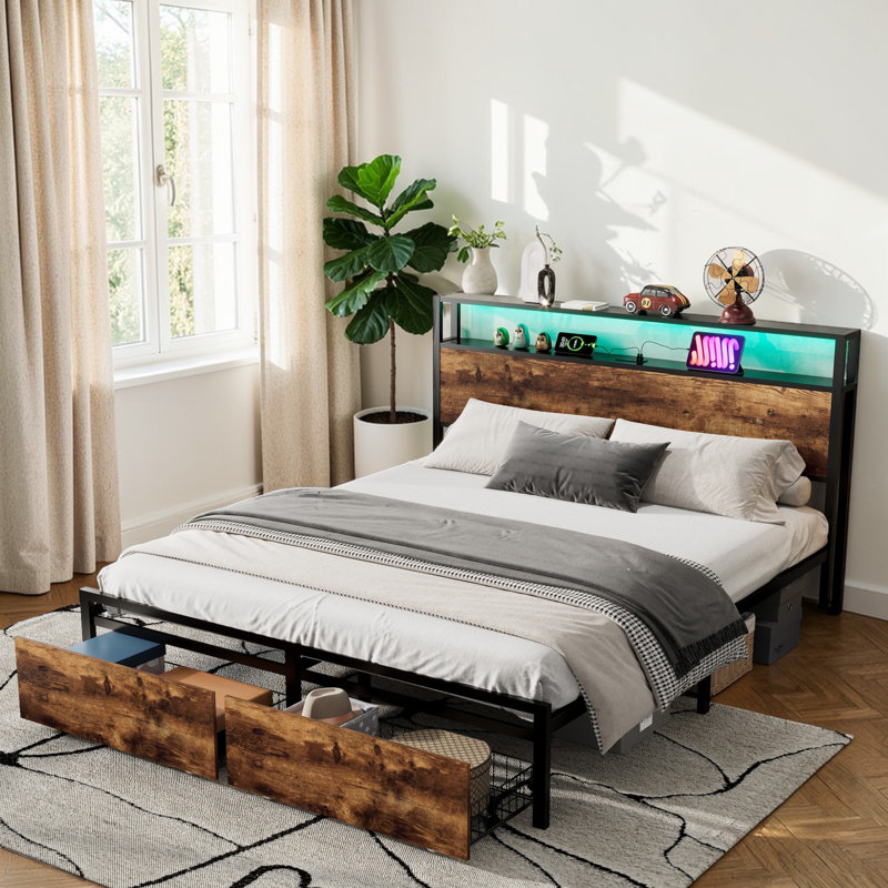 Storage Bed With LED Light Strip Controlled By  App And Bluetooth, And 2 Drawers, 2 USB Port+1 Type Multifunctional bed