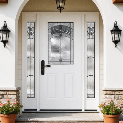 Porte d'entrée en fibre de verre 60 po x 80 po avec 2 impostes latérales, porte extérieure avec moulure de brique, vitrage décoratif à faible émissivité, ouverture intérieure à droite ou à gauche.