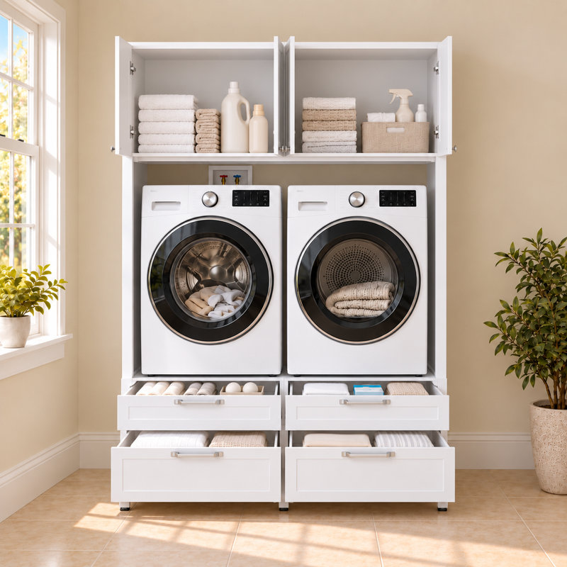 Meuble laveuse-sécheuse de 61,4 po de largeur avec cadre en métal, rangement supérieur et 4 tiroirs, White
