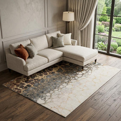8' X 10' Ivory Gray And Gold Abstract Distressed Washable Area Rug With UV Protection