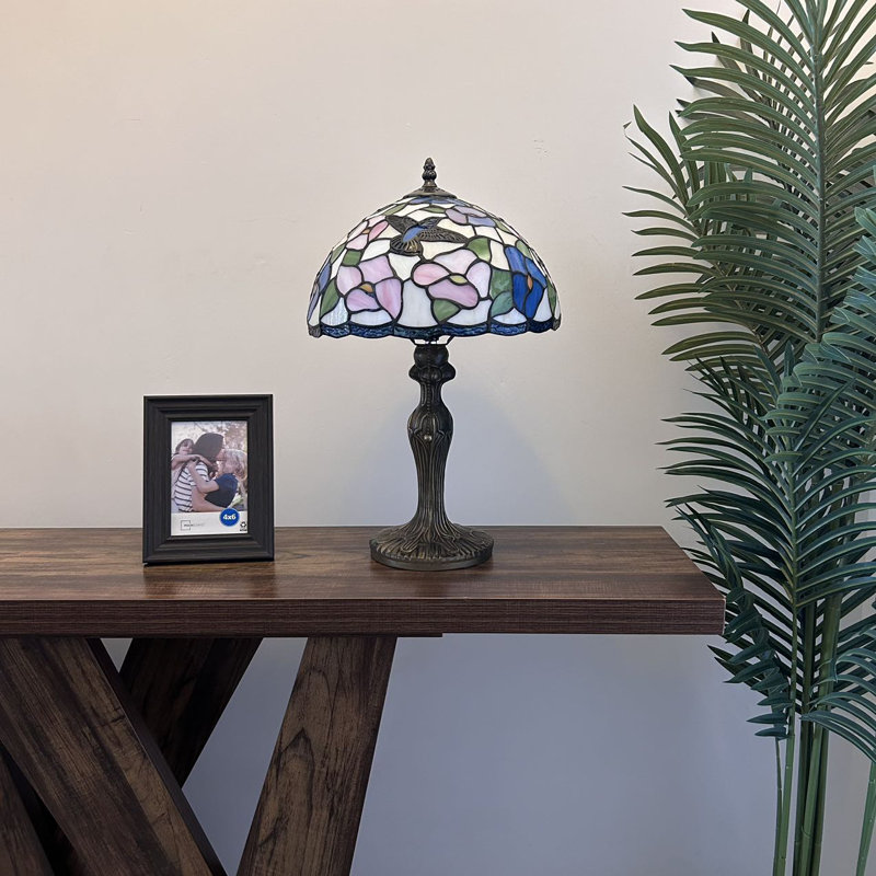 Verona Tiffany Mini Table Lamp Pink Blue Stained Glass Hummingbird Flowers LED Bulb, 19" H x 12" W x 12" D