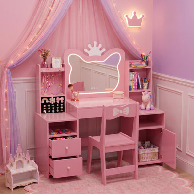 Ensemble de coiffeuse blanche pour enfants avec miroir chat et chaise, coiffeuse princesse et rangement pour filles de 3 à 12 ans, rose