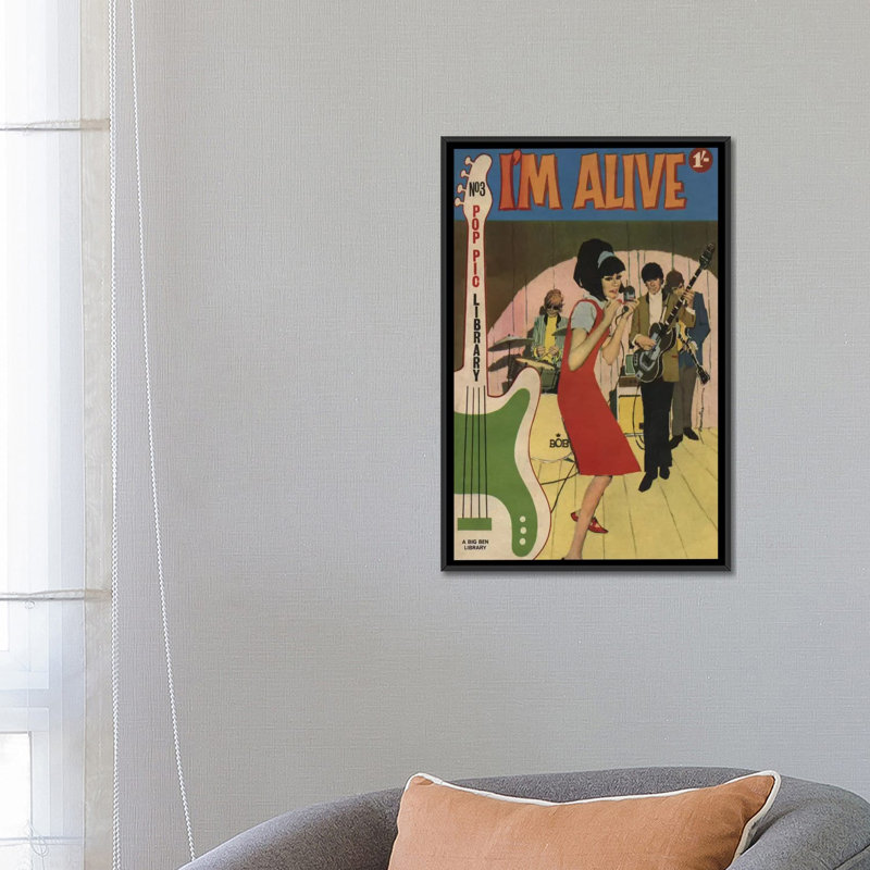 « i suis alive », affiche rétro sur toile, H 26 po x l 18 po x P 1,5 po, Toile avec cadre noir, Pas de tapis