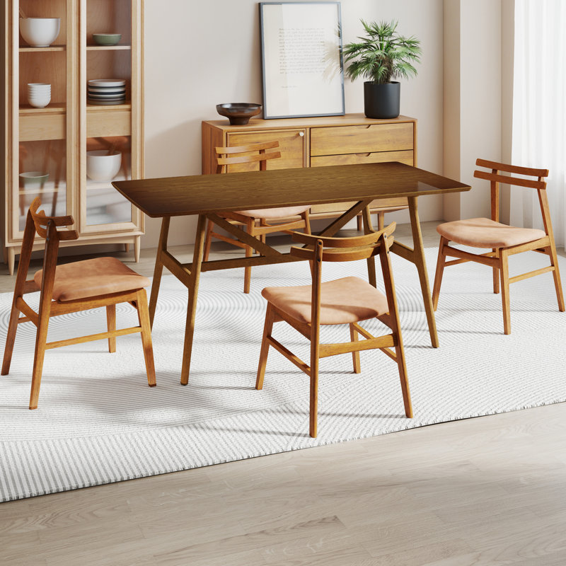 Modern Rectangular Dining Table Set With Upholstered Dining Side Chairs With Curved Back & Solid Wood Legs For Dining Room/Living Room
