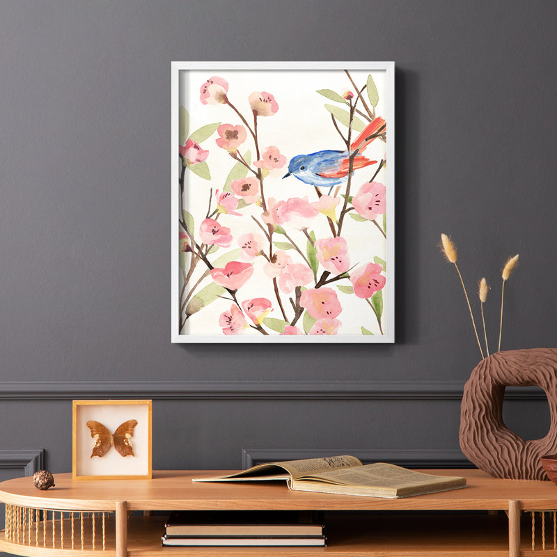 «Cherry Blossom Perch II», reproduction encadrée - bois massif, Blanc, H 28 po x l 22 po