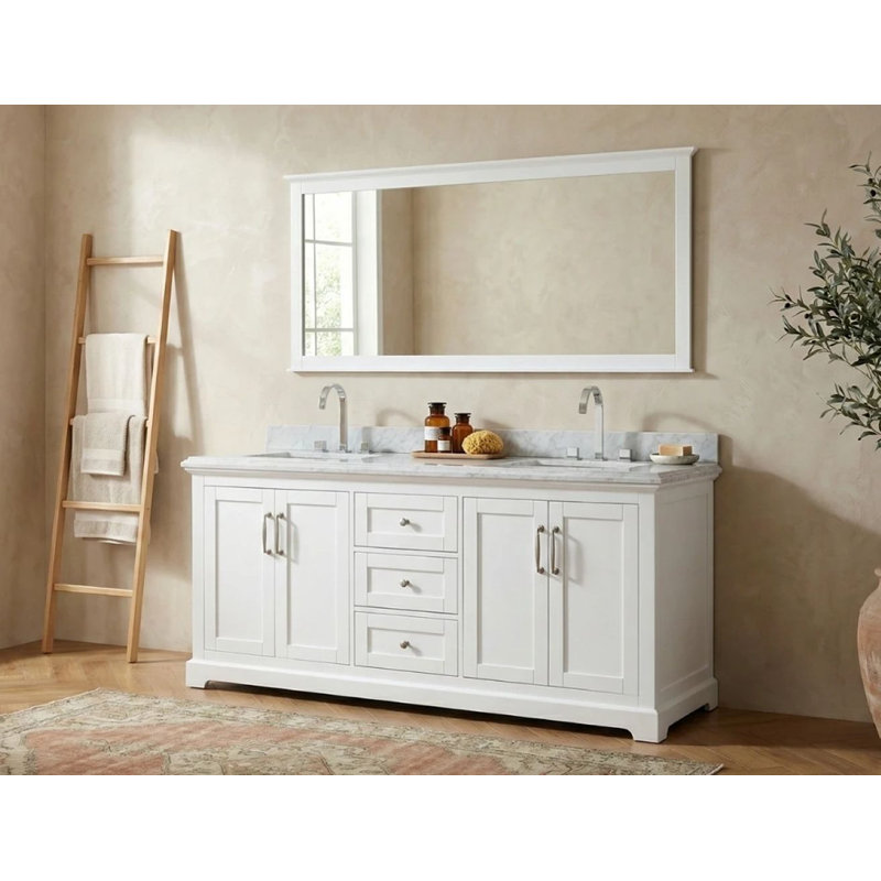 Ensemble de meuble-lavabo simple en bois massif 72 po avec rangement Maredo, miroir non inclus, Blanc