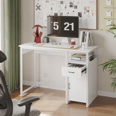 43.3" Computer Desk Small Spaces Modern Home Office Desk Drawer Storage Cabinet Metal Frame