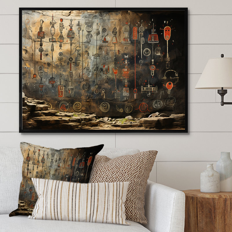 "Native Art", "Petroglyphs I" encadré sur toile, Cadre flottant noir, H 12 po x l 20 po x P 1 po