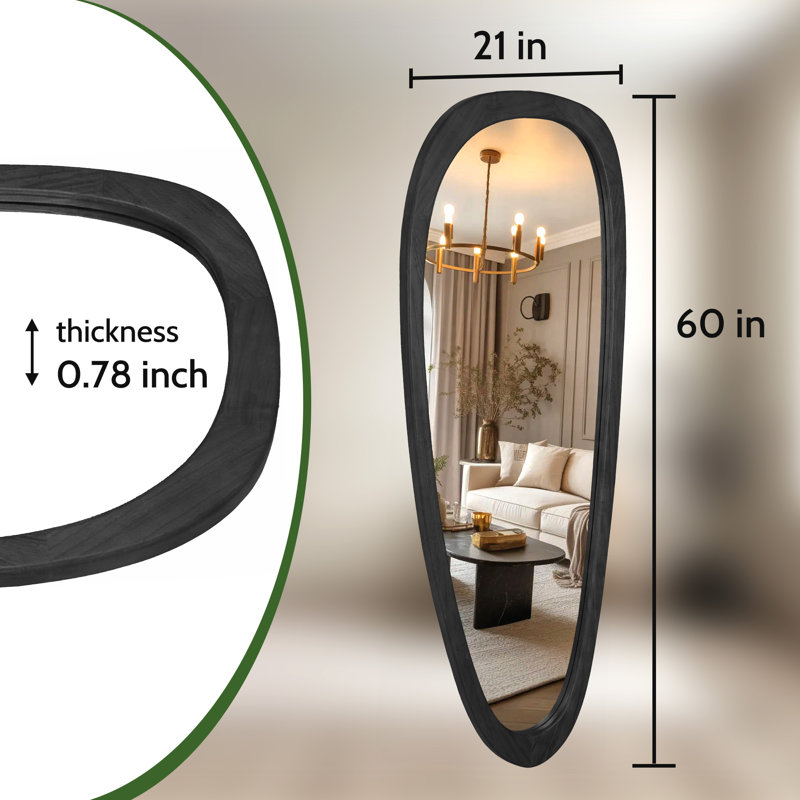 Asymmetrical Irregular Full Length Mirror with Solid Wood Frame, Organic Wall-Mounted Floor Mirror, Black, 60" x 21"