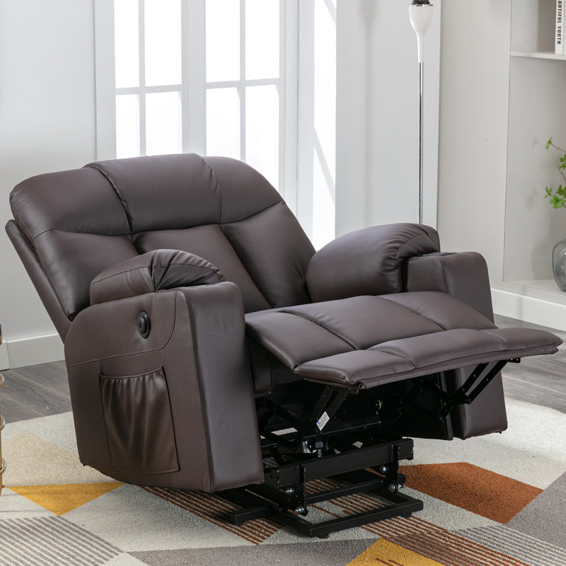 Fauteuil inclinable massant et surdimensionné en similicuir de 37,8 po avec portemanteau électrique et USB, Similicuir brun