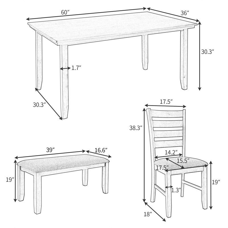 Dining Room Table and Chairs with Bench, Rustic Wood Dining Set, Set of 6, Gray, Gray
