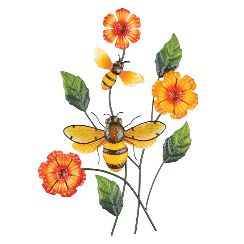 Colorful Floral Metal Wall Art with 3D Bees for Outdoor Decor