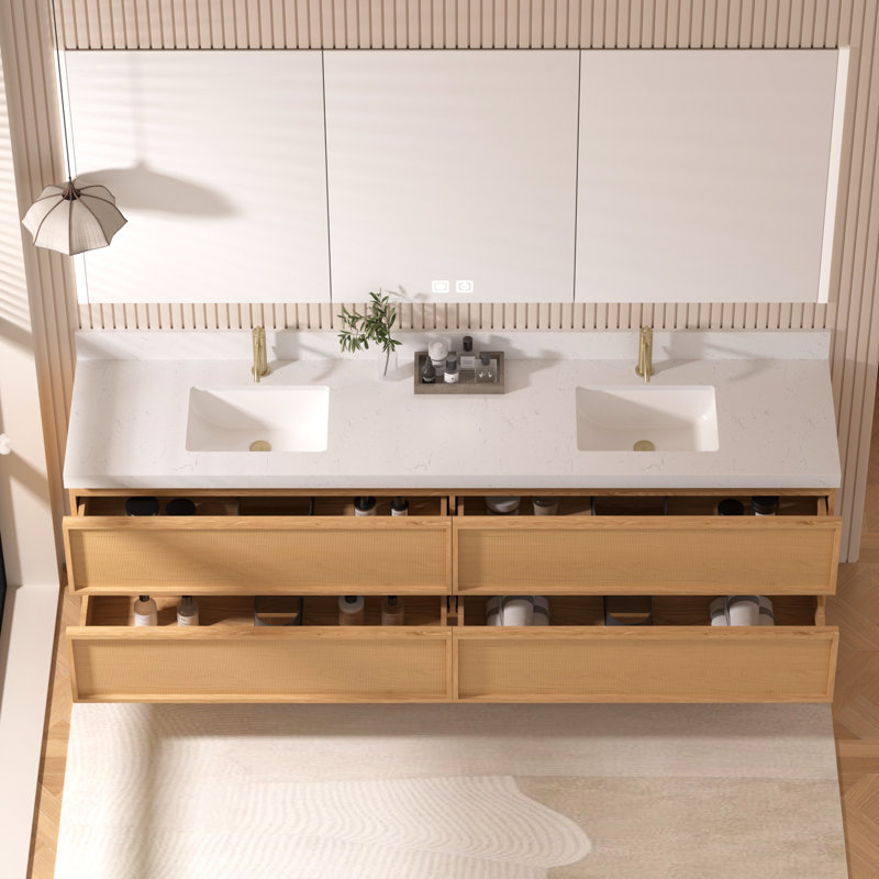 Meuble-lavabo flottant de 84 po avec comptoir en marbre d'ingénierie moderne et lavabo double encastrable, texture rotin 84 po